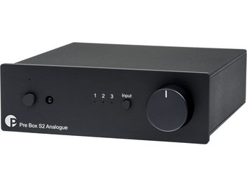 Pro-Ject Pre Box S2 Analogue Stereo Preamplifier in black, rectangular casing, large rotary knob, 3 input indicators