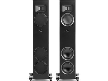 Enceintes colonne MartinLogan Motion F10 noir laqué, vue frontale, 2 haut-parleurs circulaires visibles sur l'une, caches sur l'autre