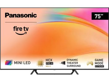 Panasonicov televizor z visoko ločljivostjo TV-75W95BEG v črni barvi z ozkim kovinskim okvirjem in ravnim zaslonom velikosti 75 palcev, nameščen na centralnem podstavku z dvema poševnima nogama, pogled spredaj