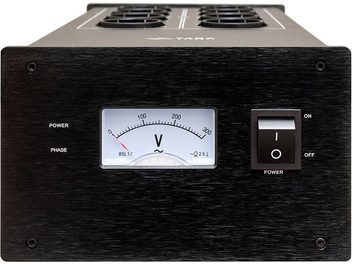 Conditionneur secteur Taga Harmony PC-5000 noir, vue de face, affichage analogique voltage, interrupteur on/off