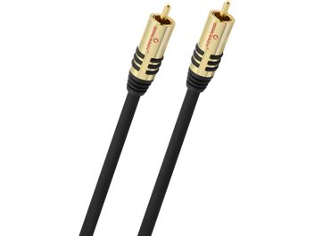 Skråt nærbillede af Oehlbach NF Sub subwooferkabel, 5 m, sort PVC-kappe, to guldbelagte RCA hanstik i metal med sorte skridsikre riller og rødt logo