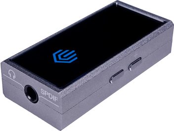 Nuprime Hi mDAC gråt bærbart audio-konverter, set forfra, blåt lysende logo, tilslutninger på bagsiden