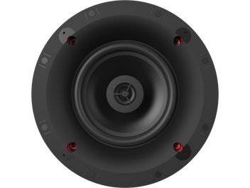 Enceinte encastrable noire Klipsch CS-16-C II Sky Hook, vue de face, tweeter central, 4 fixations, 2 haut-parleurs rouges