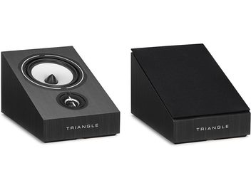 Black Triangle speakers, top and side view, trapezoidal shape, circular speaker in the center of the top
