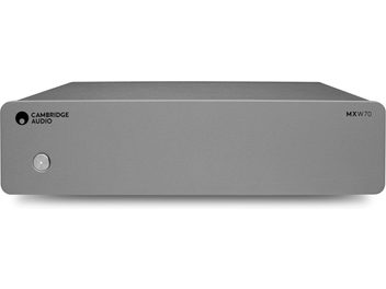 Cambridge Audio MXW70 power amplifier in grey aluminum with a sleek front panel, rectangular matte-finish casing, and a circular power button on the left