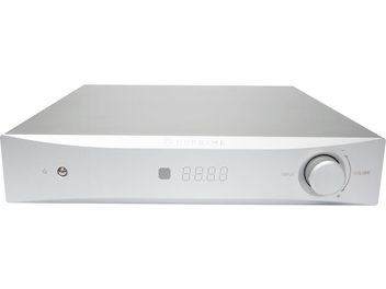 Nuprime DAC-8 silver audio DAC converter, brushed aluminum rectangular chassis, angled front panel, display, rotary knob, headphone jack