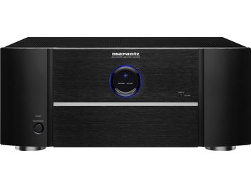 Πολυκάναλος ενισχυτής ισχύος Marantz MM7055, μπροστινή όψη, μαύρη υφή πρόσοψης με φωτεινό μπλε περιστρεφόμενο κουμπί στο κέντρο