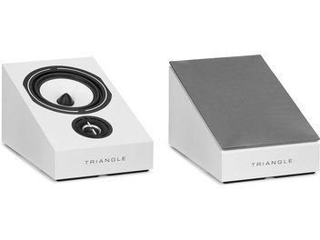 Triangle speakers, two views: front with black speaker and logo, gray top with central black speaker