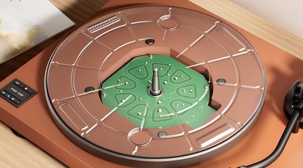 Płyta winylowa, przezroczysty plateau akrylowe, brązowa podstawa, widoczna zielona płytka PCB, przyciski 33/45 i Start/Stop