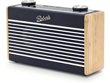 Radio de birou Roberts Rambler Uno albastru marin, cu fațadă cu lamele orizontale, flancuri din lemn deschis și doi butoane mari metalice pe partea superioară, vedere din trei sferturi față dreapta