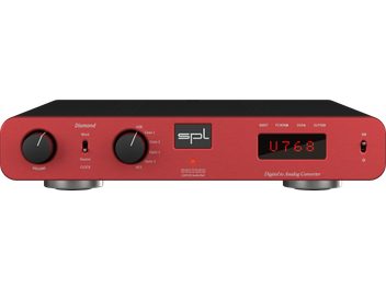 SPL Diamond red stereo preamplifier with red front panel, two rotary knobs, digital display, and toggle switch
