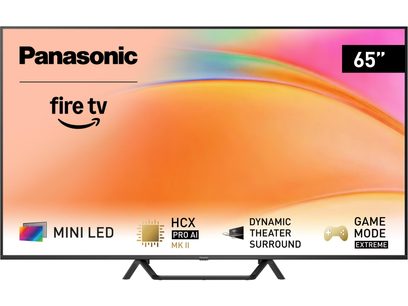 Panasonic TV-65W95BEG high-definition television in black with a slim metal and plastic frame, 65-inch screen viewed from the front, placed on two central inclined feet, displaying Fire TV, Mini LED, and other feature logos