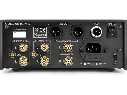 Préampli phono Gold Note PH-10 noir, vue de face. Connecteurs RCA phono, ligne, master et alimentation. Sélecteurs et LED