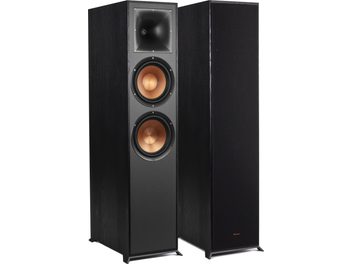 Enceintes colonnes Klipsch R-820F noires, vue de face, deux haut-parleurs ronds dorés sur façade noire, grille amovible