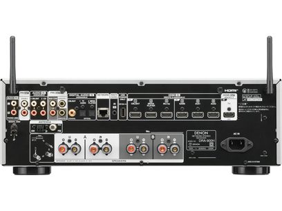 Ampli hi-fi stéréo Denon DRA-900H noir, face arrière, vue rapprochée centrée, connectique audio et antenne FM