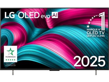 LG OLED42C5 2025 sort højopløsnings-tv med slank metalramme, flad 42-tommers OLED-skærm, set forfra med to adskilte fødder