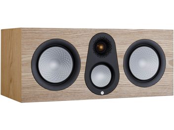 Diffusore centrale Monitor Audio Silver C250 7G frassino, 3 altoparlanti circolari neri sulla parte anteriore in legno chiaro, vista frontale