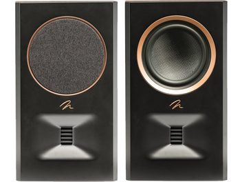 Diffusore posteriore MartinLogan Motion MP10 noce con due unità, una con griglia circolare e l'altra con altoparlante visibile circondato da un anello dorato, logo stilizzato in basso, condotto rettangolare nero sotto