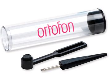 Ortofon hoolduskomplekt hifi seadistamiseks ja puhastamiseks, läbipaistev toru mustade korkidega, must hari, must kruvikeeraja
