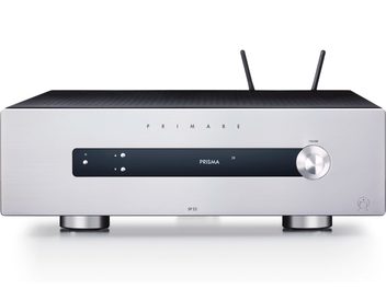 Preamplificatore home theater Primare SP25 Prisma argento, vista frontale, facciata argentata con display e pulsanti, due piedini argentati