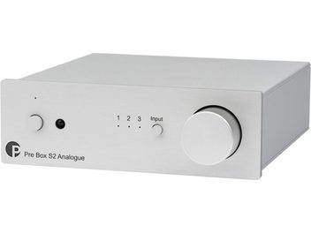 Stereo preamplifier Pre Box S2 Analogue, silver rectangular casing, rotary knob on the right, front panel with connectors and indicators