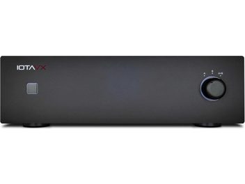 IOTAVX PA40 black metal power amplifier with a matte front panel, front view, logo at the top left, square power button on the left, and large round A/B selection knob on the right