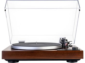 Platine vinyle Dual CS 529 BT WN finition noyer, socle bois brun, plateau métal argent avec tapis noir, bras de lecture noir sur la droite, capot transparent relevé, vue de face