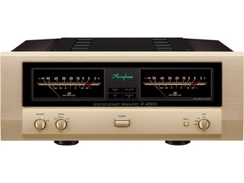 Ampli hi-fi intégré stéréo P-4600, vue de face, finition dorée, 2 grands vumètres, 3 boutons circulaires, 1 interrupteur central