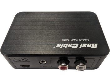 Real Cable NANO-DAC MKII black rectangular audio DAC converter with red and white RCA connectors, audio port, and USB-C