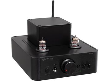Taga Harmony HTA-700B v.3 noir, amplificateur intégré stéréo à tubes, finition laquée noire, deux tubes apparents sur le dessus, gros bouton de volume central, boutons de sélection, prise casque, antenne arrière, vue de trois-quarts avant