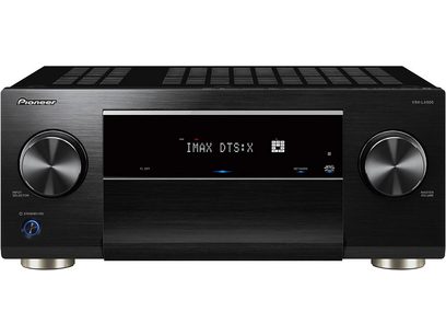 Ampli home-cinéma Pioneer VSX-LX505 noir, vue de face, affichage bleu, deux boutons rotatifs argentés, façade noire brossée