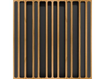 Onze lames verticales en bois clair et foncé alternées, rectangulaires, allongées, parallèles, de même taille, sur fond blanc