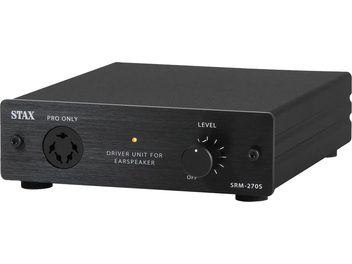 Preamplificatore per cuffie ad alta fedeltà SRM-270S, vista di 3/4 frontale, chassis nero, manopola di regolazione LEVEL, connettore per cuffie, spia luminosa