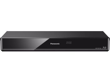 Panasonic DMR-BWT850 black Blu-ray recorder, front view, digital display "20:00" on integrated screen