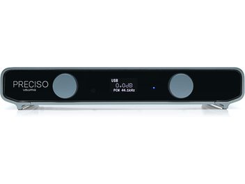 Volumio Préciso audio DAC converter in silver-grey metal, front view, glossy black front panel with two round grey buttons, central display with white readout, and blue LED indicator on the right