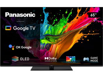 Panasonic TX-65MZ800E 65" OLED-TV, set forfra, tændt skærm der viser et farverigt abstrakt billede