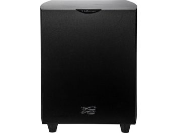 Subwoofer Cabasse Orion negru de abanos, vedere frontală, formă cubică, negru mat, logo argintiu în colțul din dreapta jos
