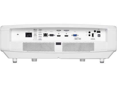 Βιντεοπροβολέας Optoma UHZ65LV σε λευκό χρώμα, μπροστινή όψη, υποδοχές σύνδεσης στο πίσω μέρος, γρίλιες εξαερισμού στις πλευρές