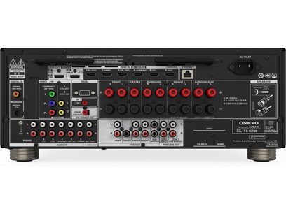Onkyo TX-RZ30 Home Theater Amplifier Black, Rear View, HDMI Connectors, Audio, Video, Ethernet, Speaker Terminals