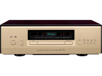 Lecteur CD haute-fidélité Accuphase DP-770, vue de face, finition dorée, écran central, boutons de commande à droite