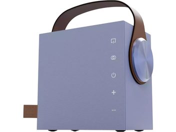 Enceinte bluetooth portable Morel Biggie bleu ciel en plastique texturé, vue trois-quarts avant, forme cubique avec poignée arquée marron, large molette argentée sur le côté droit et rangée de pictogrammes blancs sur la face avant