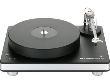 Platine vinyles hi-fi ClearAudio Pack Performance DC Artist argent, vue de face, plateau noir, bras de lecture argenté, boutons de commande à gauche