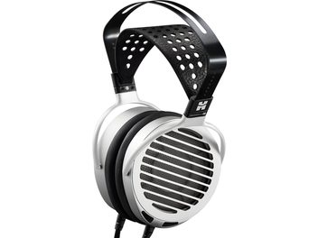 Casque hifi ouvert Hifiman Shangri-La jr, vue de face, grilles noires ajourées, coques noires et argentées, arceau noir