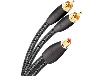 Tre cavi audio neri con connettori RCA dorati, due maschi e una femmina, intrecciati, del marchio Audioquest FLX-X Splitter