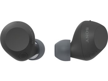 Sort Sony WF-C710N trådløse in-ear-hovedtelefoner i mat plast, to øretelefoner vist i close-up fra trekvart vinkel med grå silikoneprop og perforeret mikrofon-gitter