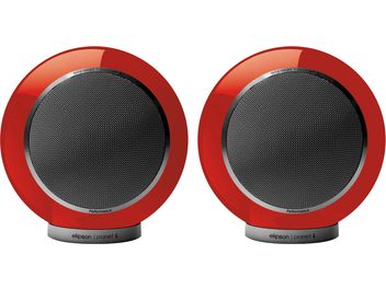Enceintes bibliothèque Elipson Planet L Performance 2.0 rouge laqué, forme sphérique, grille métallique circulaire, socle cylindrique