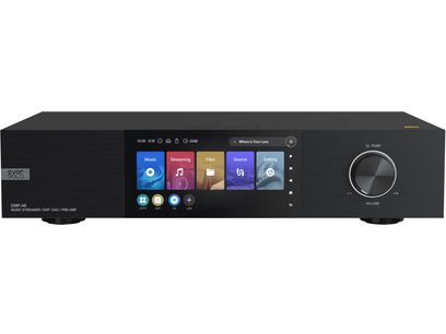 Lecteur audio réseau EverSolo DMP-A8 noir, vue de face, écran couleur affichant un menu avec 6 icônes, bouton rotatif argenté à droite