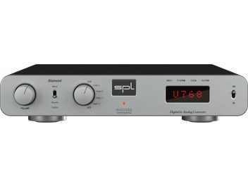 SPL Diamond silver stereo preamplifier with metal front panel, two rotary knobs, red digital display, and switch