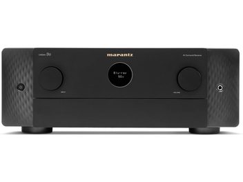 Ampli home-cinéma Marantz Cinema 50 noir, vue de face, façade noire mate avec écran LCD bleu affichant "Blu-ray 50.0"