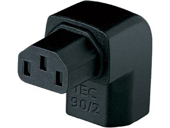 Black matte plastic IEC 90˚/2 Audioquest connector, with two cylindrical pins and one flat pin, viewed from the front